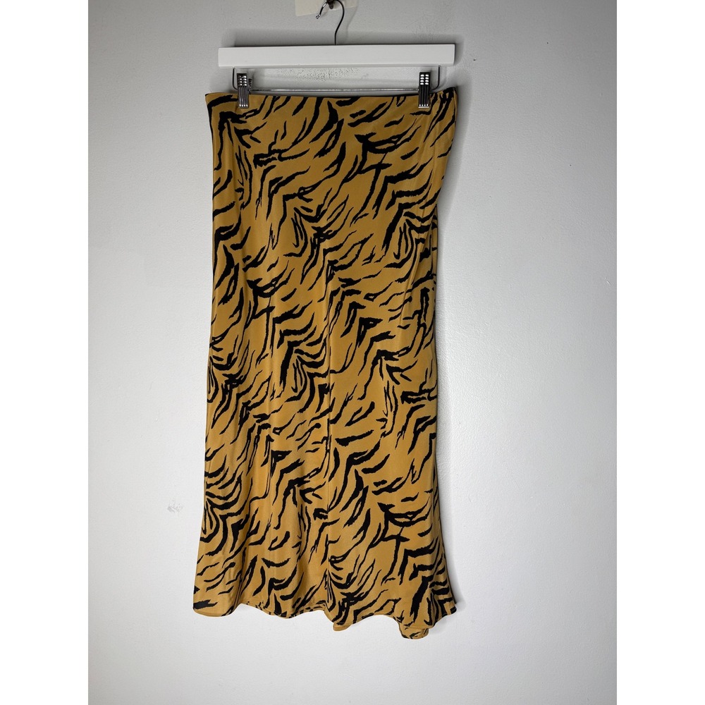 Madewell 100% Silk Tiger Stripe Midi Skirt Yellow Black Animal Print Size 10